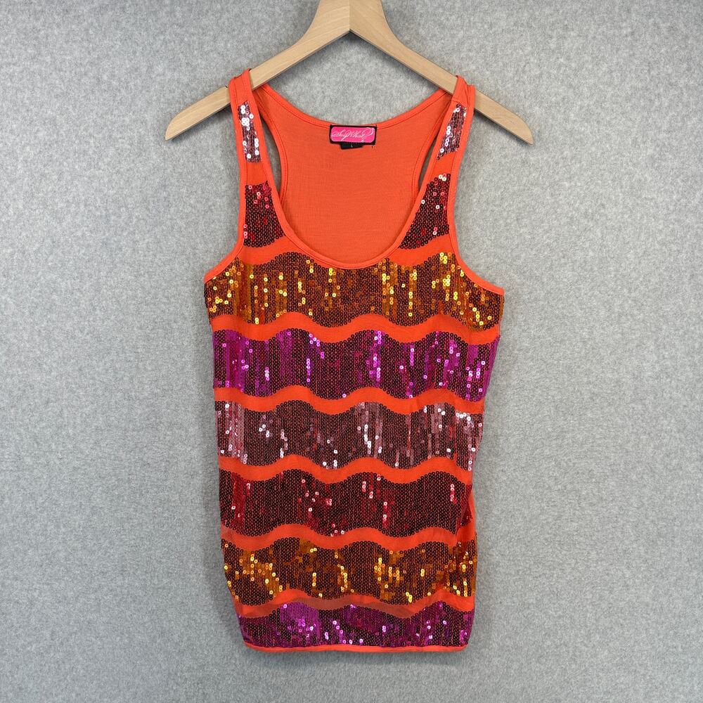 Say What? Top Womens Size L Orange Multi Rayon Sequins Embellish Sleeveless Tank